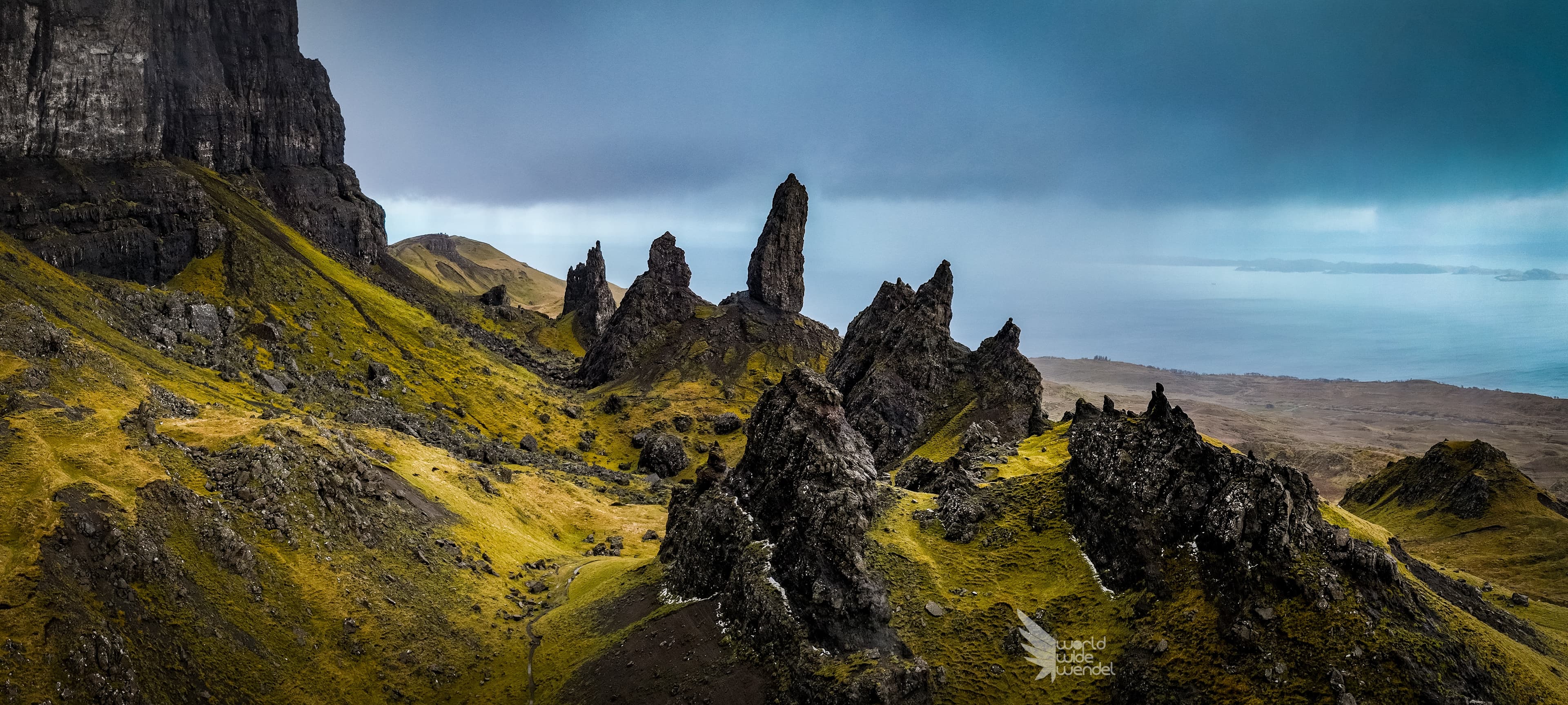 Panorama van de rotspieken van de Old Man of Storr, Isle of Skye