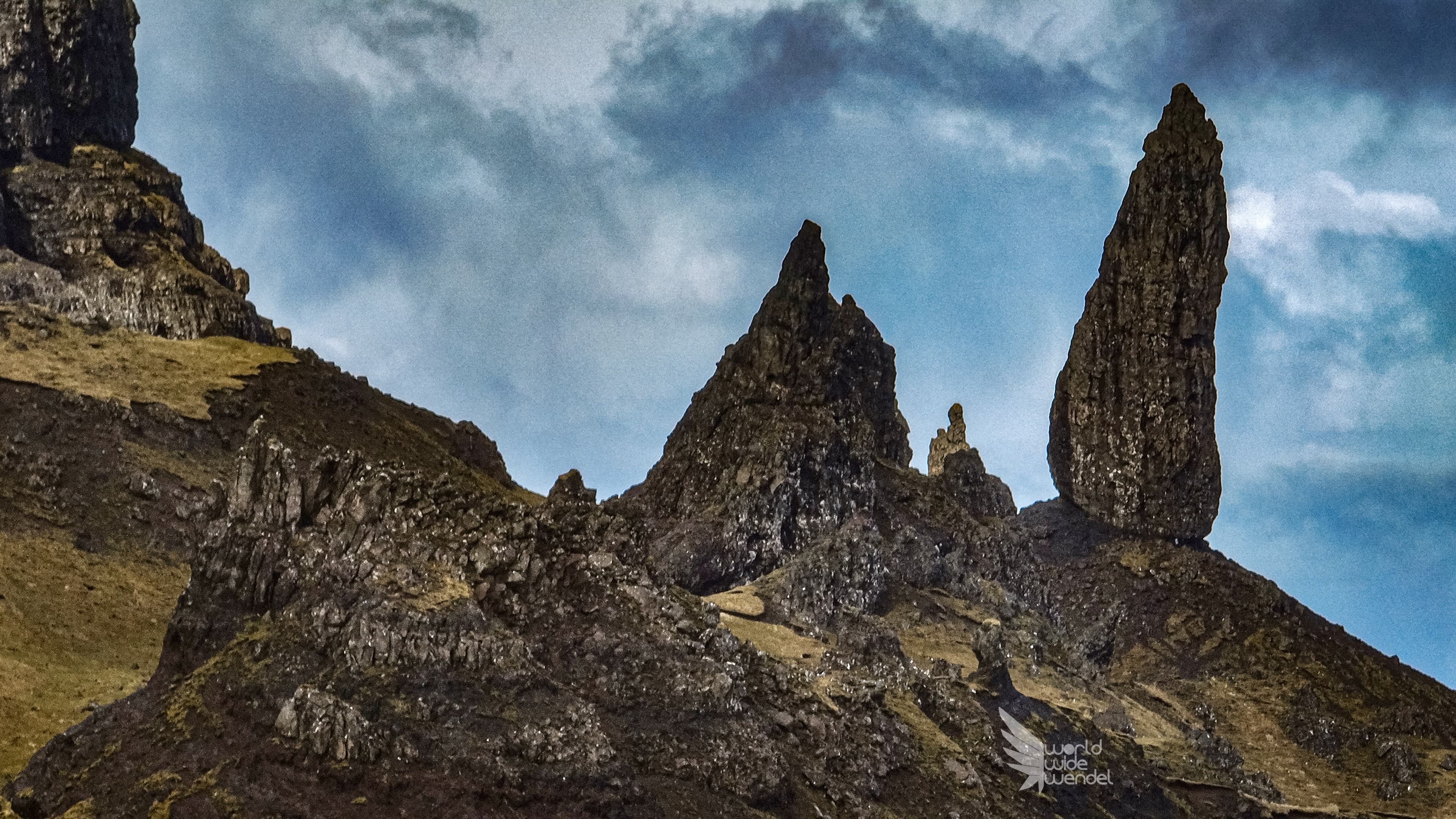 De rotspieken van de Old Man of Storr van dichtbij, Isle of Skye